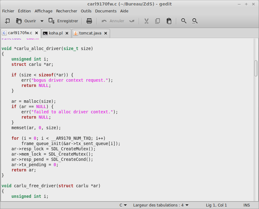 Code source en C sous gedit.