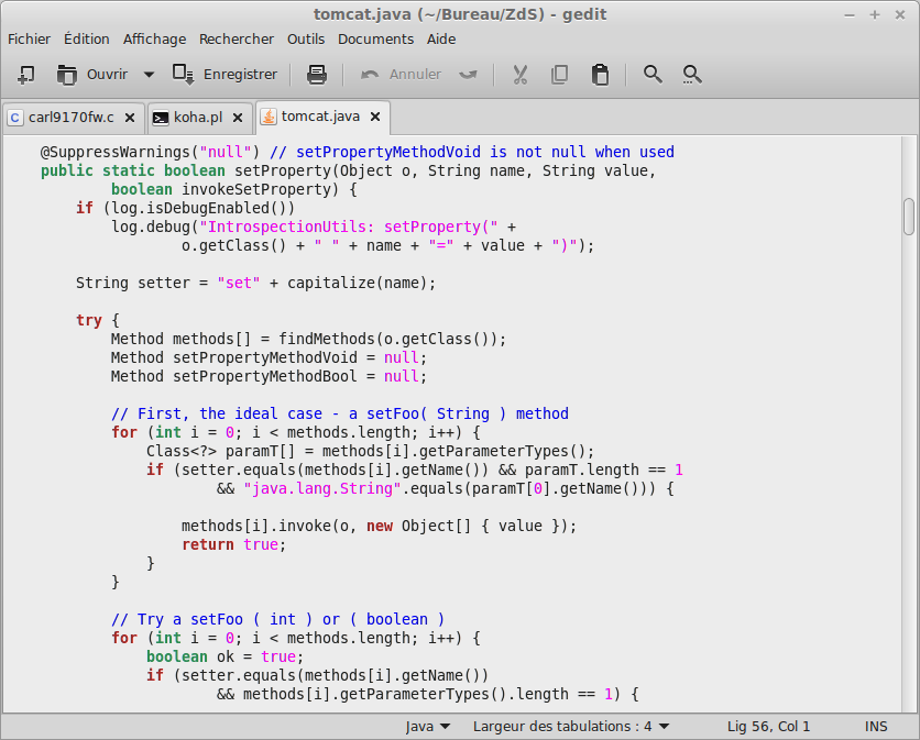 Code source en Java sous gedit.
