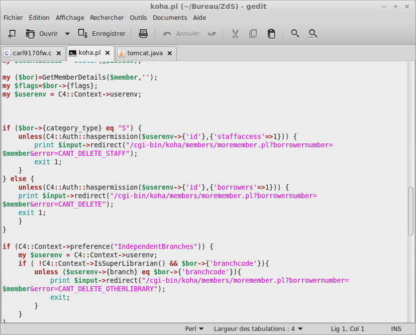 Code source en Perl sous gedit.