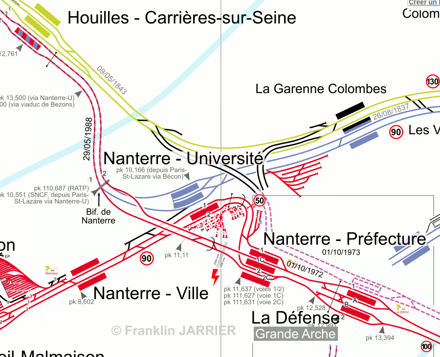 Il y a bien une correspondance entre la ligne A et la ligne L (celle en bleu) à Nanterre-Université, mais sur la branche de Saint-Germain-en-Laye (celle qui va à Nanterre-Ville). Le but est de créer des quais sur la branche de Cergy (celle qui va à Houilles).