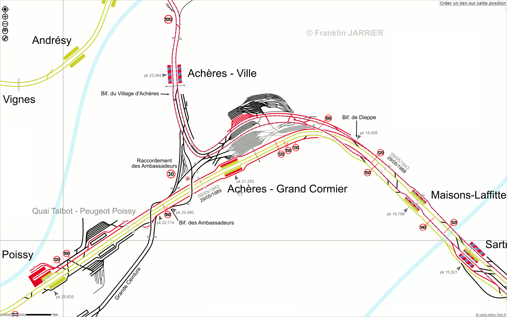 On voit bien que le RER A, dans la direction de Cergy, quitte la ligne de Paris - Normandie après la gare de Maisons-Laffitte pour se diriger vers la gare de Achères-Ville.