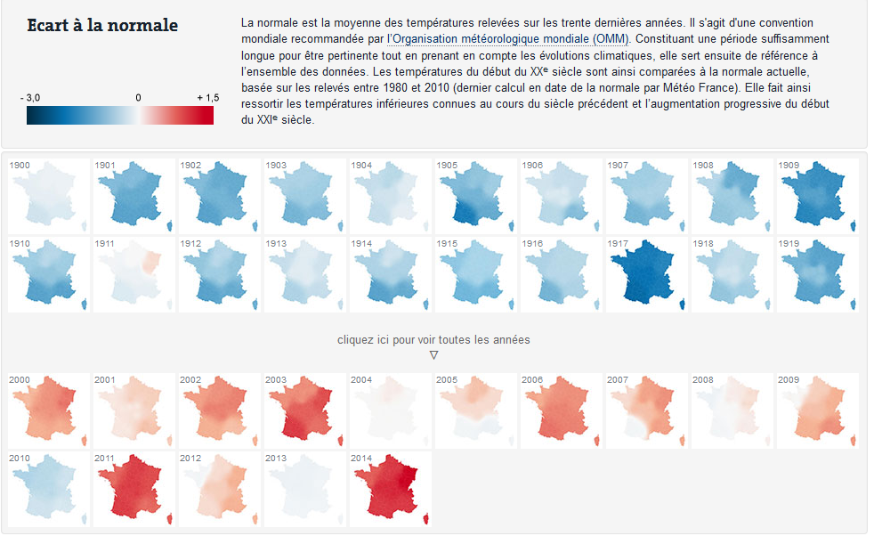 Exemple de carte diachronique — Comment le climat de la France s’est réchauffé depuis 1900 — lemonde.fr