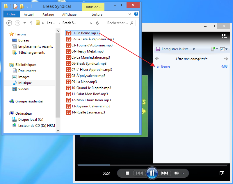 Glisser-déposer un fichier MP3 depuis l'explorateur Windows