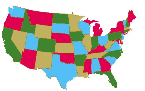 Carte des états-unis coloriée avec 4 couleurs