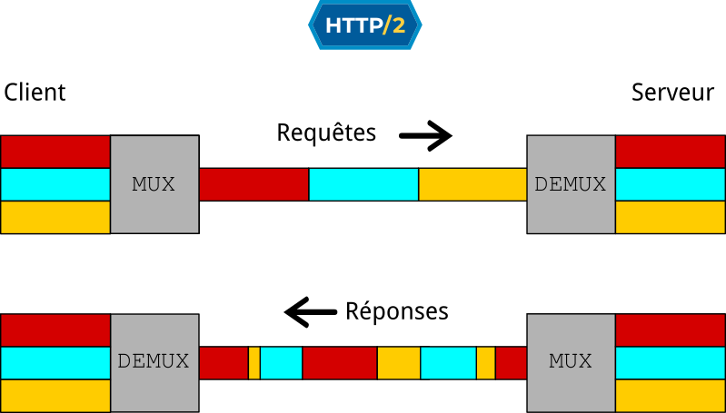 Multiplexage HTTP/2 : chaque couleur correspond à un stream. L'échange a lieu au sein d'une unique connexion TCP grâce aux aux étapes de multiplexage (MUX) et démultiplexage (DEMUX). Cette étape de démultiplexage permet de ré-assembler les échanges correctement.