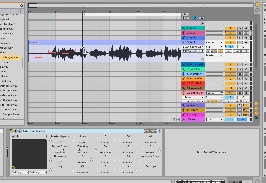 Réglage d'une automation à la main sur un des paramètres d'Auto-Tune, dans l'interface d'Ableton.