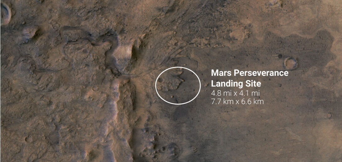 Le site d'atterrissage de Perseverance, sur Mars, dans le cratère Jezero