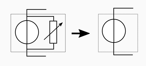 À gauche, une source de tension en parallèle avec une résistance variable symbolise un groupe de consommateurs et producteurs. À droite, un modèle simplifié avec une seule source de tension.