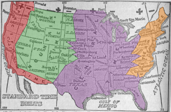 Carte des fuseaux horaires en vigueur aux États-Unis d’Amérique en 1913