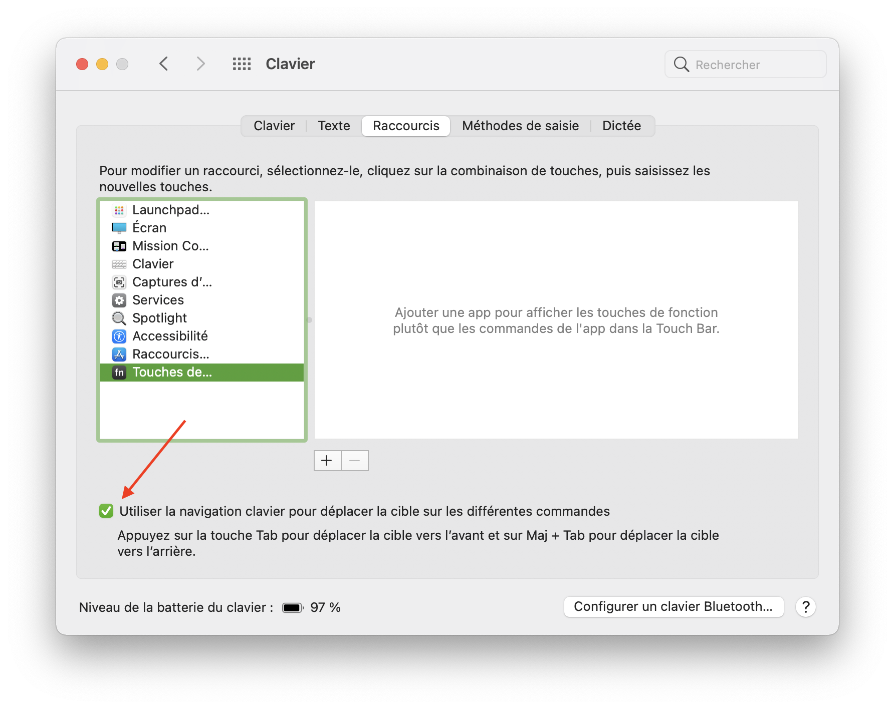 Capture d'écran des réglages du clavier sous macOS
