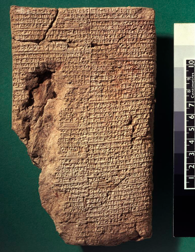 Photographie de la tablette d'argile babylonienne BM 13901, couverte d'inscriptions en cunéiforme et partiellement endommagée.