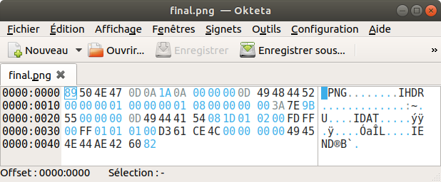Un fichier ouvert en mode hexadécimal dans le logiciel Okteta.