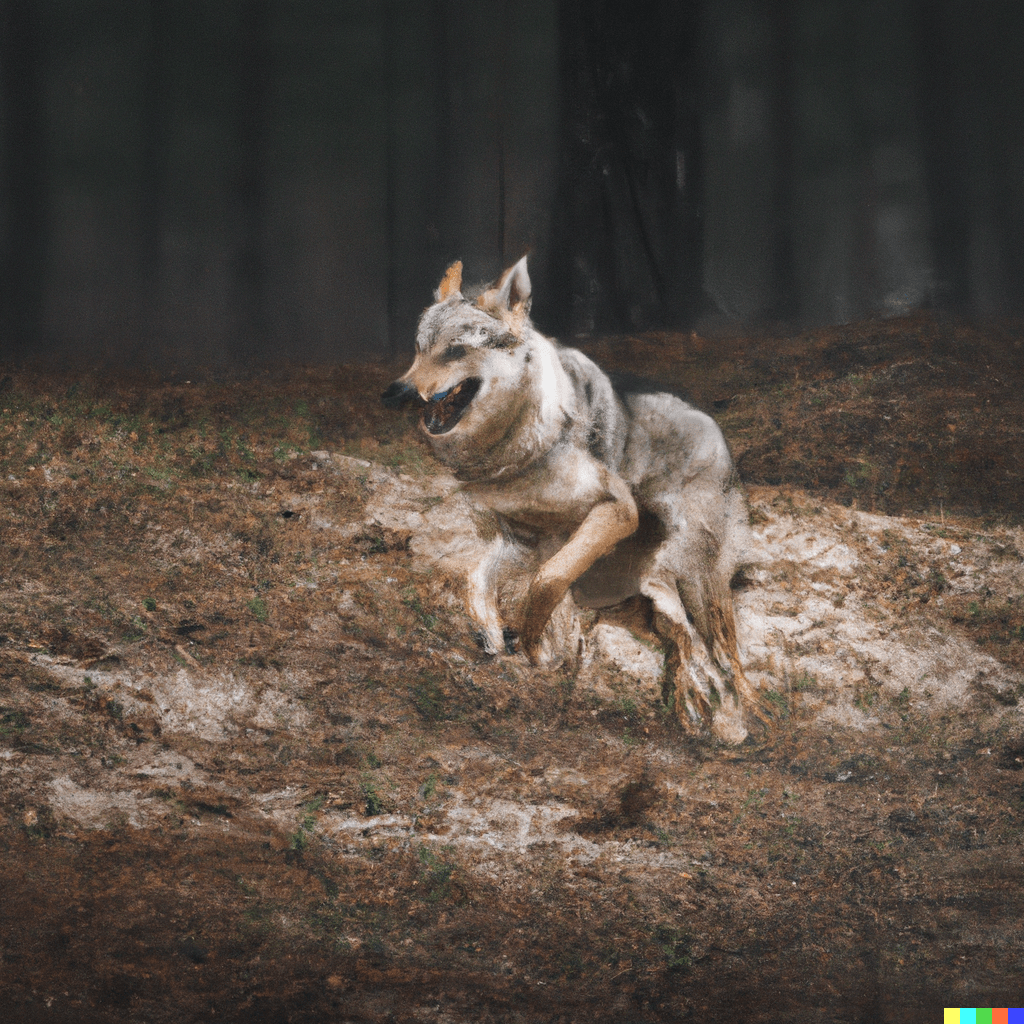 photo of a wolf running in the forest