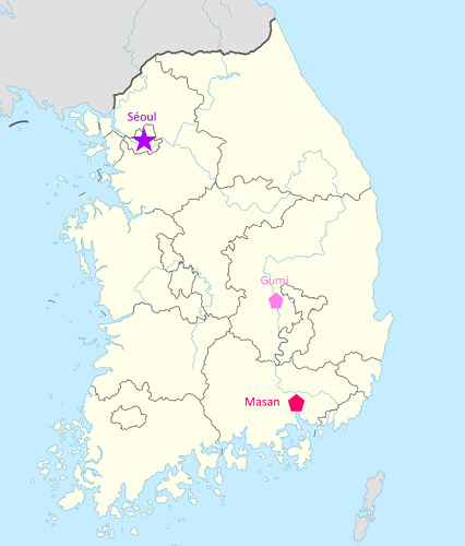 Carte Corée du Sud avec Séoul, Gumi et Masan