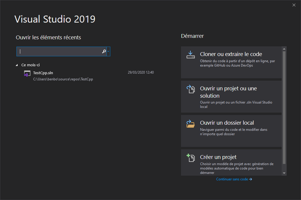 Écran d'accueil de Visual Studio 2019