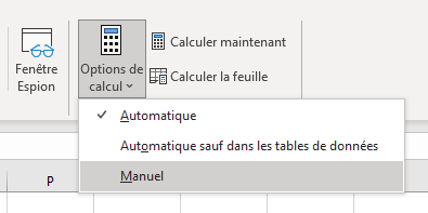 Options de calcul de l'onglet Formules