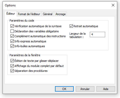 Fenêtre "Options" VBE