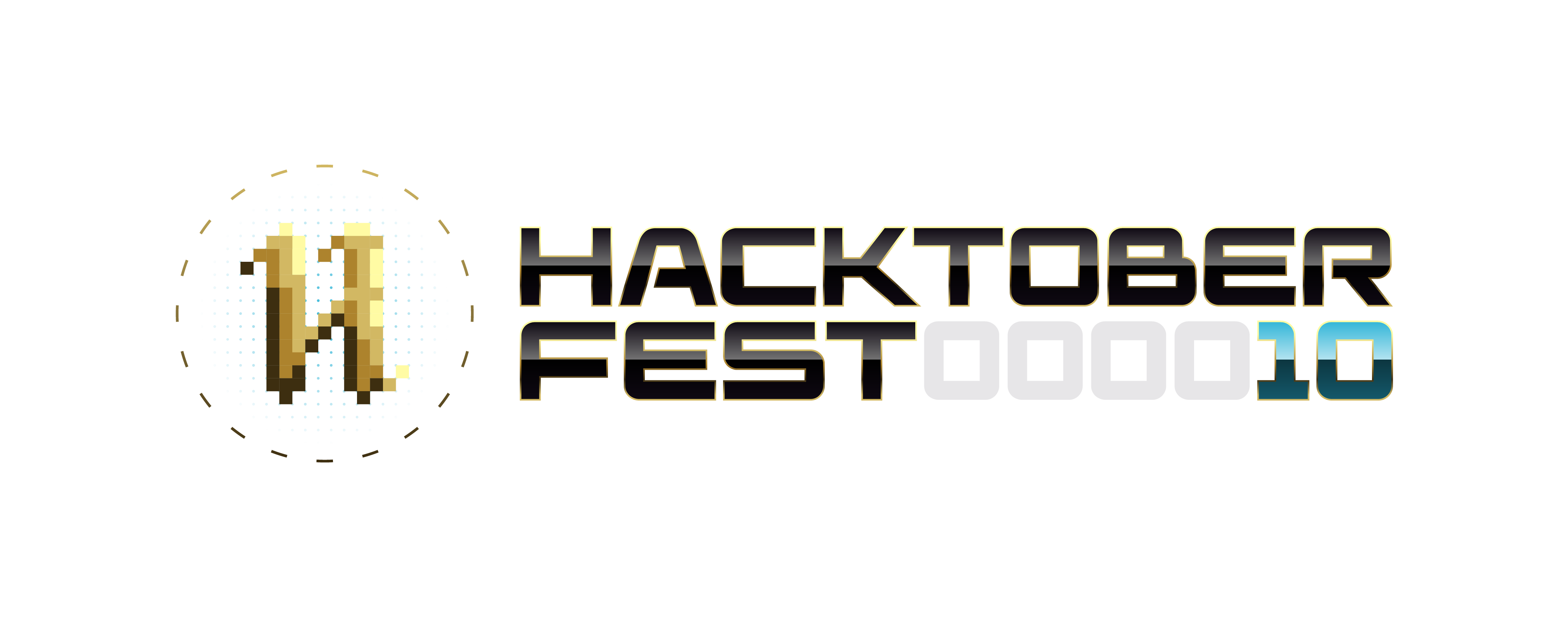 Logo Hacktoberfest figurant un H pixelisé entouré d'un cercle pointillé, accompagné du texte "Hacktoberfest 10"