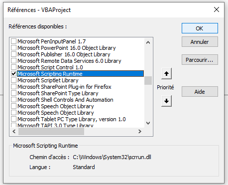 Ajout référence Microsoft Scripting Runtime.