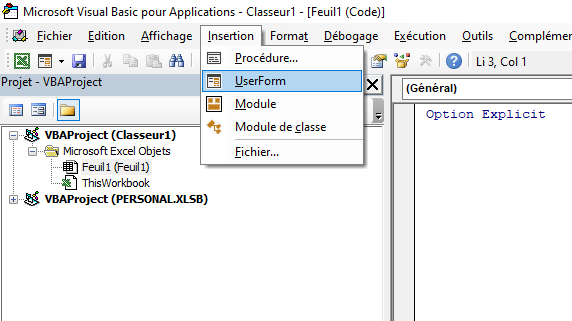 Ajout d'un UserForm via le menu d'insertion.