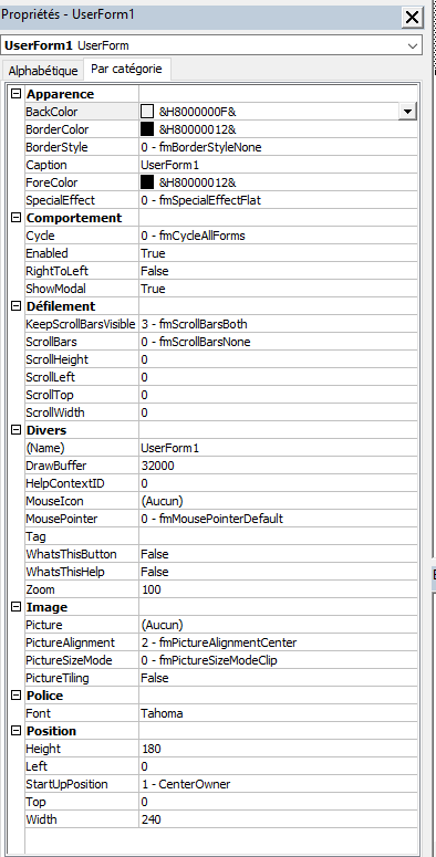 Fenêtre des propriétés de l'UserForm.