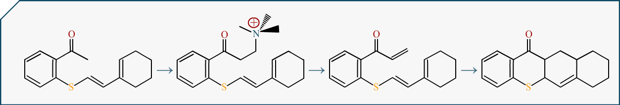 Exemple de synthèse d'une molécule pas à pas, on constate la formation progressive des chaînons qui forment les cycles finaux.