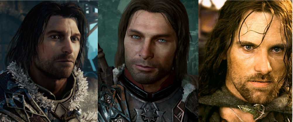 Comparaison Talion(s)-Aragorn. De gauche à droite : Talion dans le premier jeu, Talion II, Aragorn tel qu'il apparaît dans les films de Jackson