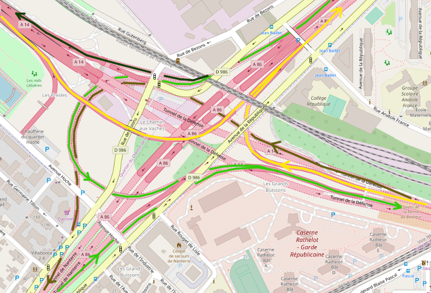 En jaune, les voies de l'A14 vers l'A86 Nord (clair) et vers l'A86 Sud (foncé). En vert, les voies de l'A86 vers l'A14 La Défense / Paris (clair) et vers l'A14 Normandie (foncé). Tiré d'OpenStreetMap.