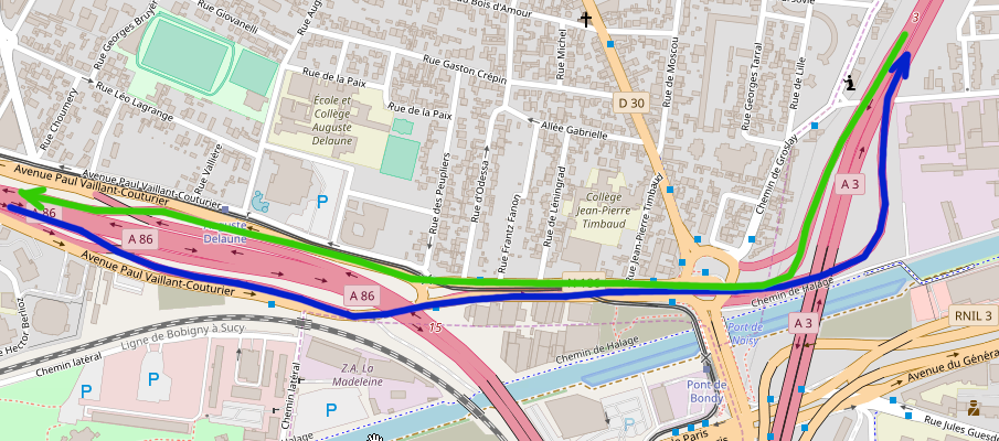 En vert, le chemin à prendre pour rejoindre l'A86 vers l'Ouest depuis l'A3 Nord. En bleu, la situation inverse : rejoindre l'A3 vers le Nord depuis l'A86 vers l'Est. Tiré d'OpenStreetMap.
