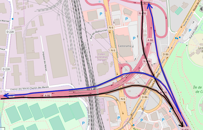En noir, les voies depuis l'A86 vers la N406. En bleu, l'inverse. Tiré d'OpenStreetMap.