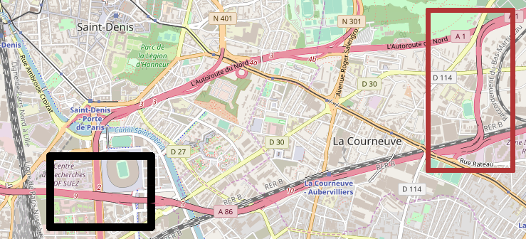 Le cadre noir montre les deux autoroutes qui se croisent sans s'échanger. Les deux seuls échangeurs sont encadrés en rouge. Image tirée d'OpenStreetMap.