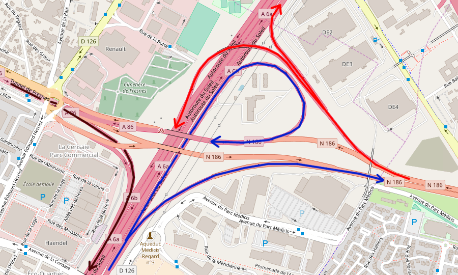 En bleu, l'A6b vers l'A86 / N186. En rouge clair, l'échangeur complet entre la N186 et l'A6b. En rouge foncé, le demi-échangeur entre l'A86 et l'A6b vers le Sud. Tiré d'OpenStreetMap.