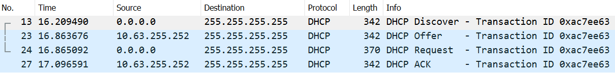 Capture de trames des 4 phases d'une transaction DHCP