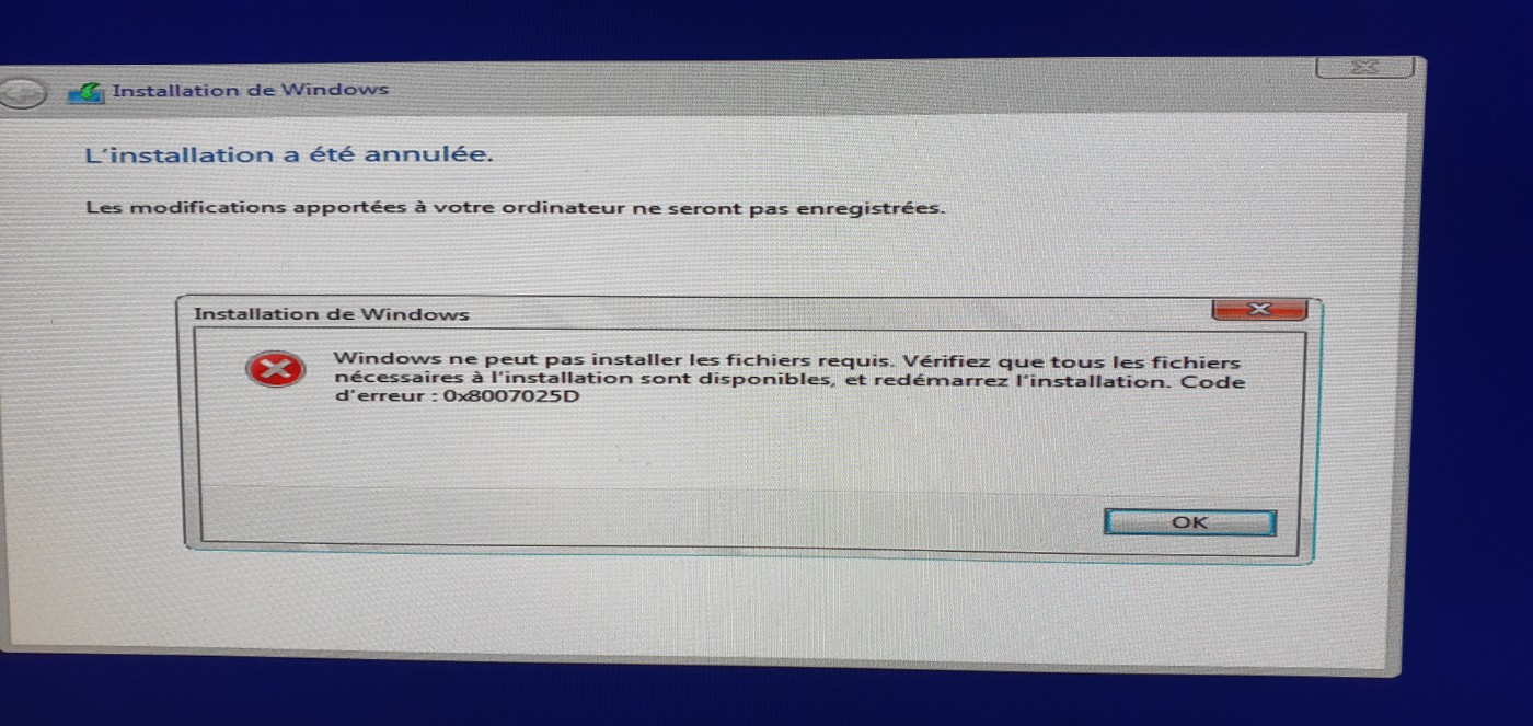 Erreur installation Windows 10 sur SSD