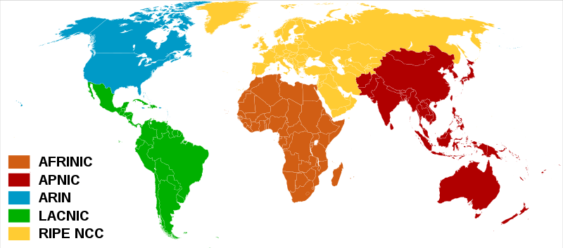 Zones géographiques correspondant aux RIR (CC BY SA)