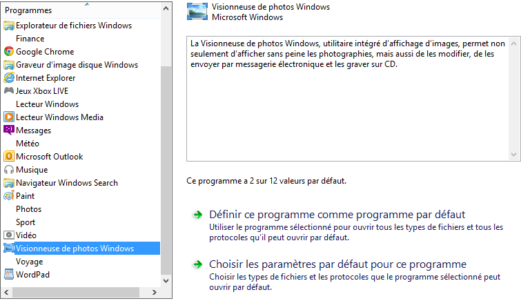 Choix des paramètres par défaut pour la visionneuse de photos Windows.