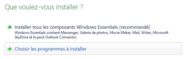 Choix du type d'installation de Windows Essentials