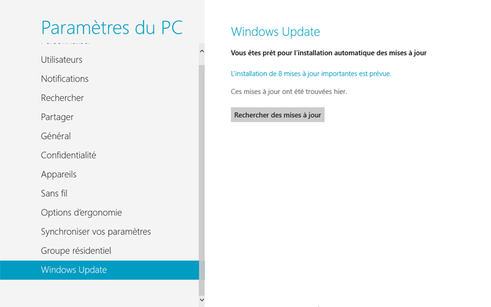 Windows Update dans le panneau de configuration Metro