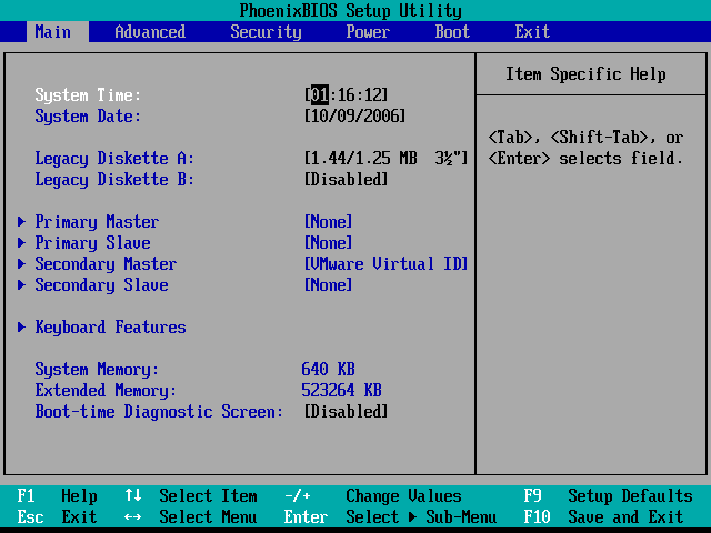 Exemple de menu de BIOS